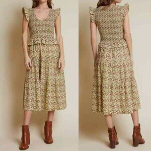 Nation LTD Fabienne Vintage Fleur Floral Smocked Tiered Ruffle Midi Dress Size M